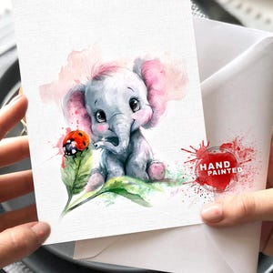 Tarjeta de felicitación con diseño de elefante bebé, animales de acuarela, linda tarjeta de elefante, tarjeta de cumpleaños con animales lindos, hermosa tarjeta con ilustraciones de elefantes.
