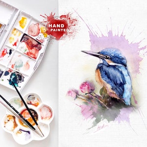 Pássaro martim-pescador em aquarela, cartões de felicitações de pintura, cartão de pássaros e flores de belas artes, cartão de pintura de aniversário, cartão de nota de belas artes, cartão de textura