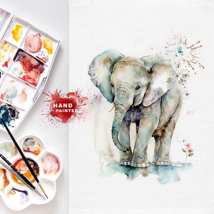 Tarjeta de felicitación de elefante bebé, tarjetas de felicitación de bellas artes en acuarela, tarjetas de animales lindos para pintar, tarjeta de elefante de cumpleaños, tarjeta de pintura de elefante bebé