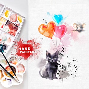 Wenskaart kitten kunst, aquarel kat en muis opmerking, schattige dieren schilderij kaart, aquarel kitten schilderij kaart, aquarel verjaardag kat