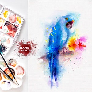 Cartão de saudação de belas artes de papagaio em aquarela, cartão de papagaio com pintura em aquarela, cartão de arte de pássaro azul, cartão de saudação de papagaio azul de aniversário, cartão de pintura