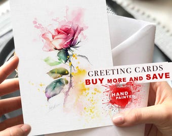 Watercolor rose greeting card, flowers in watercolor painting note card, greeting cards artwork, greeting cards set, artist greeting cards