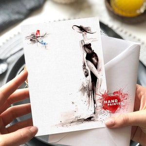 Arte de cartão de felicitações elegante, cartão de nota de senhora com pintura em aquarela, cartão de aniversário para amigo, cartão de festa para uma linda senhora, design de cartão exclusivo