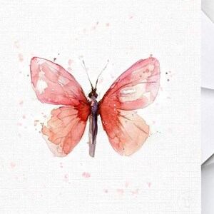 Cartão de felicitações de borboleta em aquarela, cartão de belas artes de borboleta em aquarela, cartões de animais em aquarela, cartão de felicitações de borboleta rosa em aquarela