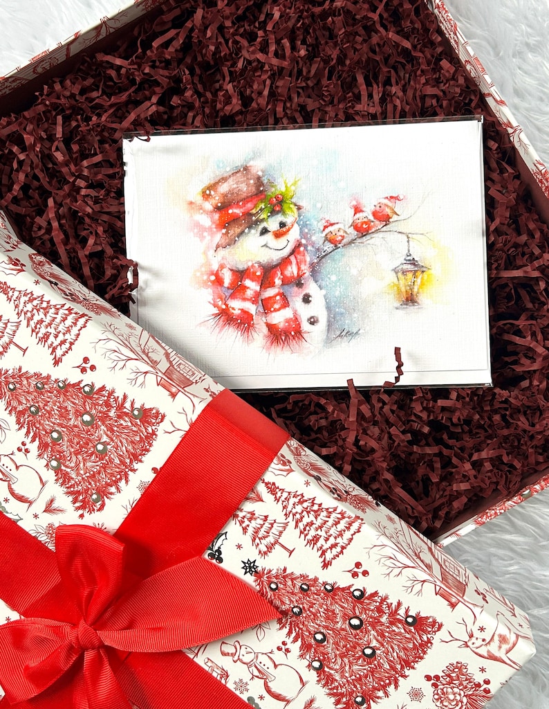 Christmas greeting card snowman note card,watercolor snowman card, unique texture note cards,watercolor Christmas card, Happy holidays card image 1