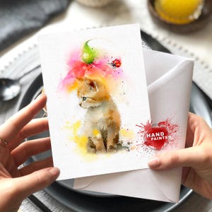Tarjeta de felicitación con diseño de gatito, tarjeta de felicitación con pintura de gato lindo en acuarela, tarjeta de nota con diseño de animales en acuarela, tarjeta de acuarela con un hermoso animal único