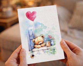Greeting card animals art,Bear in watercolor painting card,cute Bear note card,watercolor animals,Birthday cards,Unique cards,valentine day