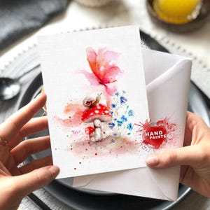 Carte de voeux art carte de correspondance papillon et champignon, carte de voeux aquarelle papillon, carte d'anniversaire papillon, carte de correspondance animaux