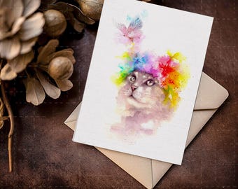 Greeting Card cat and butterfly,cat note fine art, cute animal painting card, watercolor cat note card,watercolor cat Birthday greeting card