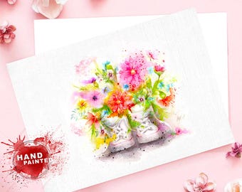 Shoes of flowers greeting card art, watercolor painting flowerds,colorful flowers note card,beautiful watercolor Birthday cards,flowers card