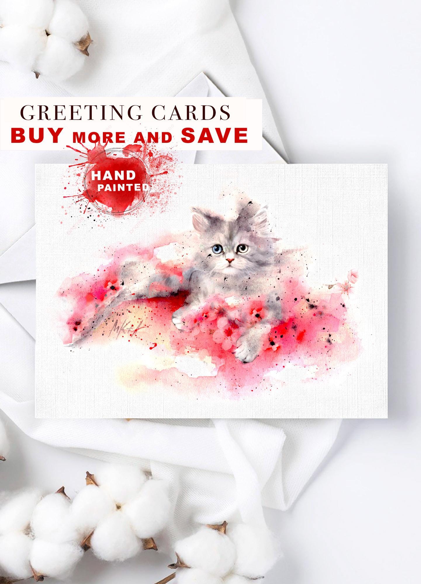 Greeting Card kitten art ,cat note fine art,cute animal painting card, watercolor kitten painting card,watercolor cat Birthday greeting card