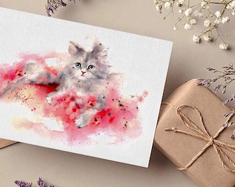 Greeting Card kitten art ,cat note fine art,cute animal painting card, watercolor kitten painting card,watercolor cat Birthday greeting card