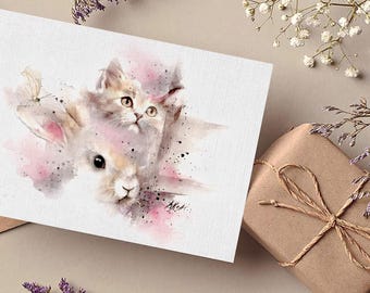 Rabbit greeting card art,Watercolor bunny painting greeting card,watercolor bunny note card art,watercolor card beautiful unique animals 5x7