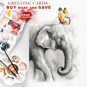 Aquarel olifant en vlinder wenskaart, wenskaarten schilderen, set kaarten, unieke dieren notitiekaarten, wenskaart schilderen