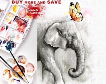 Carte de voeux aquarelle éléphant et papillon, cartes de voeux peinture, jeu de cartes, cartes de correspondance animaux uniques, carte de voeux peinture