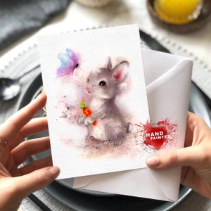 Arte de cartão de felicitações de coelho, cartão de felicitações de pintura de coelho em aquarela, arte de cartão de nota de coelho em aquarela, cartão de aquarela lindos animais exclusivos 5x7