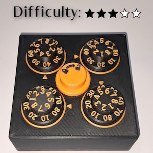 May include: A black and orange puzzle with four numbered dials and a central orange button. The dials have numbers from 1 to 80. The text "Difficulty: ★★★☆☆" is above the puzzle.