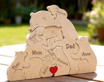 Spersonalizowana drewniana układanka rodzinna z misiem, spersonalizowana drewniana układanka ze zwierzętami, pamiątka rodzinna, figurki zwierząt dla maksymalnie 9 osób, prezent dla rodziców