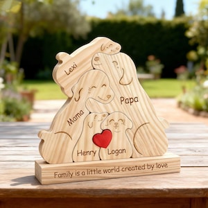 May include: A wooden dog family sculpture with the names "Lexi", "Mama", "Papa", "Henry", and "Logan" engraved. A red heart is in the center. The base reads "Family is a little world created by love".