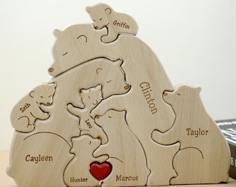 Personalisierte hölzerne Bärenfamilie Puzzle, kundenspezifisches hölzernes Tierpuzzle, Familienandenkengeschenk, bis zu 9 Personen-Tierfiguren, Geschenk für Eltern