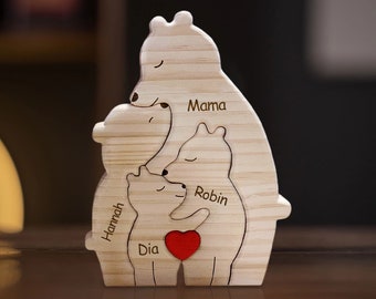 Holzbärenfamilie Puzzle, benutzerdefinierte alleinerziehende Familien Bärenfiguren, personalisiertes Holztierpuzzle, Muttertagsgeschenk, Kindergeschenk Wohnkultur