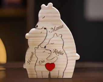 Wooden Bear Family Puzzle,Custom Single Parent Families Bear Figurines,Personalized Wood Animal Puzzle,Mother's Day Gift,Kid Gift Home Decor