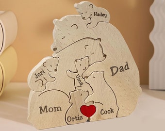 Personalisierte hölzerne Bärenfamilie Puzzle, kundenspezifisches hölzernes Tierpuzzle, Familienandenkengeschenk, bis zu 9 Personen-Tierfiguren, Geschenk für Eltern