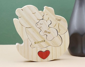 Casse-tête personnalisé en bois pour famille avec ours, chaise berçante personnalisée avec ours, sculptures d'animaux en bois, cadeau pour la fête des mères, cadeau souvenir de famille unique