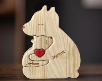 Bären-Familienpuzzle aus Holz, personalisiertes Muttertagsgeschenk, individuelles Bärenpuzzle für alleinerziehende Familien, Tierschnitzereien aus Holz, Familien-Wohndekoration