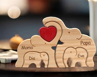 Benutzerdefinierte hölzerne Elefanten Familie Puzzle, personalisierte Tierfiguren, Holz Elefanten Schnitzereien, Familien Name Puzzle, kundenspezifisches Muttertagsgeschenk