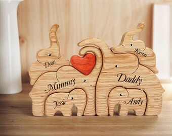 Puzzle con famiglia di elefanti in legno, figurine di animali personalizzate, sculture di elefanti in legno, puzzle con nome di famiglia personalizzato, regalo per la festa della mamma, regalo per bambini