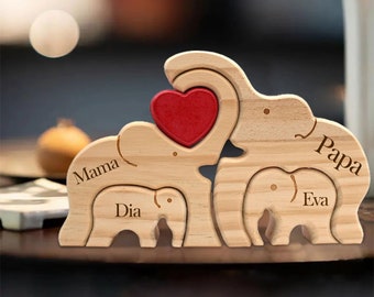 Puzzle de famille d'éléphants en bois personnalisé, figurines d'animaux personnalisées, sculptures d'éléphants en bois, puzzle de nom de famille, cadeau personnalisé pour la fête des mères