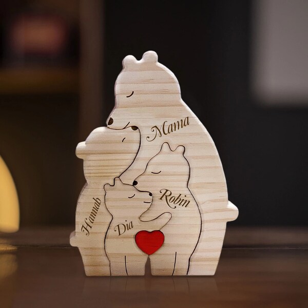 Holzbärenfamilie Puzzle, benutzerdefinierte alleinerziehende Familien Bärenfiguren, personalisiertes Holztierpuzzle, Muttertagsgeschenk, Kindergeschenk Wohnkultur