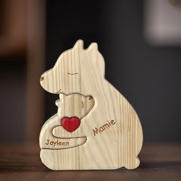 Bären-Familienpuzzle aus Holz, personalisiertes Muttertagsgeschenk, individuelles Bärenpuzzle für alleinerziehende Familien, Tierschnitzereien aus Holz, Familien-Wohndekoration