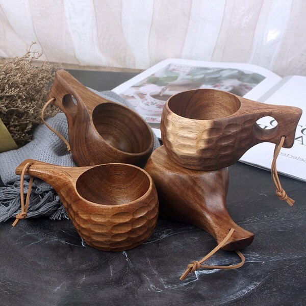 Finland Wooden Mug, Viking Style Kuksa Cup, Camping Juice Milk Coffee Drinking Cup Drinkware, Nordic Acacia Wood Mugs Bushcraft Bowl