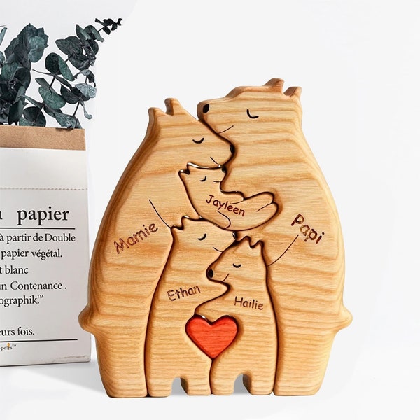 Puzzle con famiglia di orsi in legno, figurine di orsi personalizzate, puzzle di animali in legno personalizzato, decorazioni per la casa di famiglia, regalo personalizzato per la festa della mamma, regalo per bambini