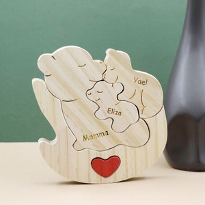 Personalized Wooden Bear Family Puzzle,Custom Rocking Chair Bear Puzzle,Wooden Animal Carvings,Mother's Day Gift,Unique Family Keepsake Gift image 1