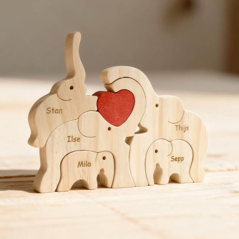 Custom Wooden Elephant Family Puzzle,Personalized Animal Figurines,Wooden Elephants Carvings,Family Name Puzzle,Wood Father's Day Gifts image 6