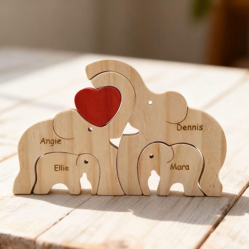 Custom Wooden Elephant Family Puzzle,Personalized Animal Figurines,Wooden Elephants Carvings,Family Name Puzzle,Wood Father's Day Gifts image 4