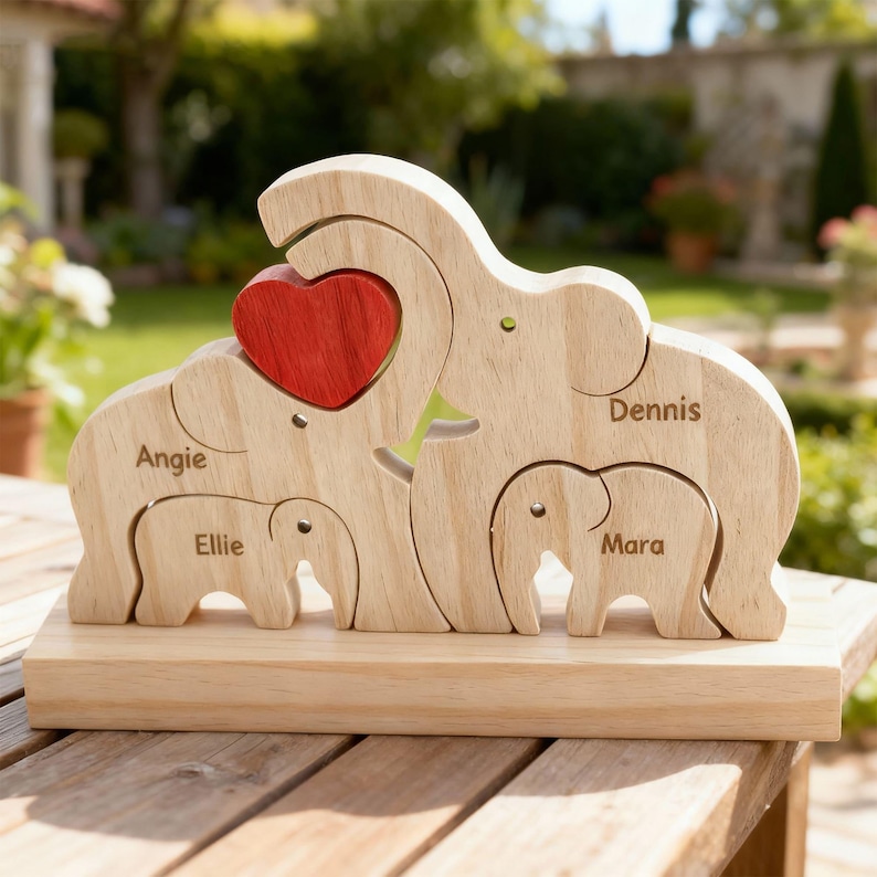 Custom Wooden Elephant Family Puzzle,Personalized Animal Figurines,Wooden Elephants Carvings,Family Name Puzzle,Wood Father's Day Gifts image 2