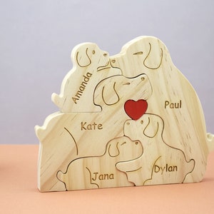 Personalized Wooden Dog Family Puzzle, Custom Dogs Figurines, Wooden Animal Puzzle, DIY Name Puzzle, Father&#39;s Day Gifts, Family Home Decor