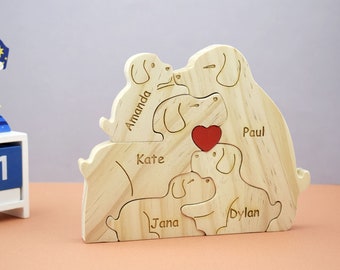 Personalized Wooden Dog Family Puzzle, Custom Dogs Figurines, Wooden Animal Puzzle, DIY Name Puzzle, Father's Day Gift, Family Home Decor