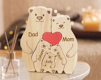 Holzbären Familie Puzzle, personalisierte Familienandenken Geschenk, benutzerdefinierte entzückende Bärenfiguren, Holztierschnitzereien, Name Art Puzzle, Mutter Geschenke
