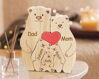 Houten beren familiepuzzel, gepersonaliseerd familiecadeau, aangepaste schattige berenbeeldjes, houten dierensnijwerk, naam puzzel cadeau, Moederdag cadeau