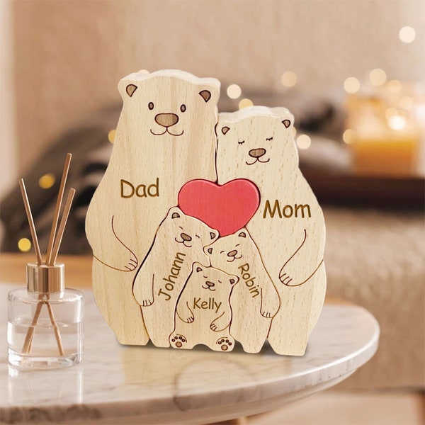 Wooden Bears Family Puzzle,Personalized Family Gift,Custom Adorable Bear Figurines,Wooden Animal Carvings,Name Puzzle Gift,Mother's Day Gift