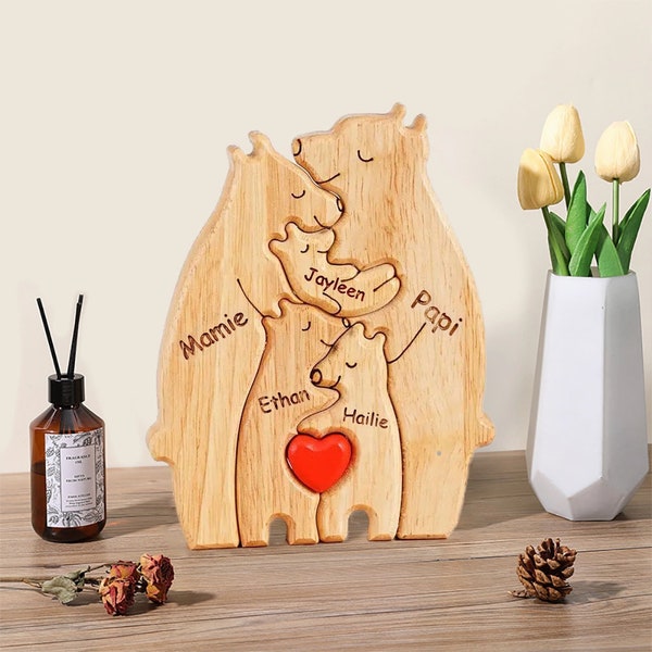 Personalized Wooden Bear Family Puzzle, DIY Engraved Name Puzzle, Custom Animal Puzzle Carvings, Family Home Decor, Mother's Day Gift