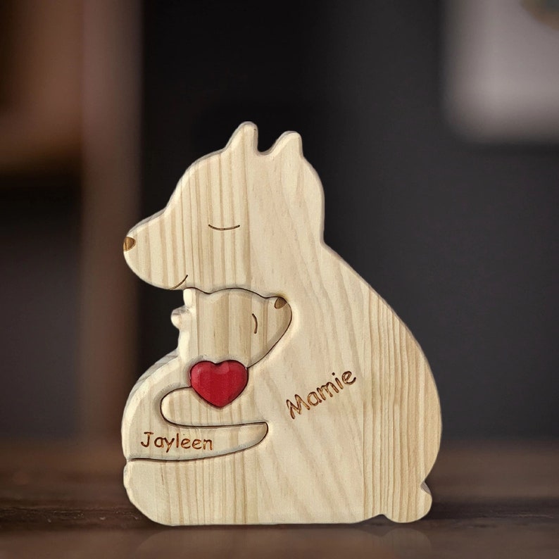 Houten beer familie puzzel, gepersonaliseerd Moederdag cadeau, aangepaste eenoudergezinnen beer puzzel, houten dierengravures, Family Home Decor afbeelding 1