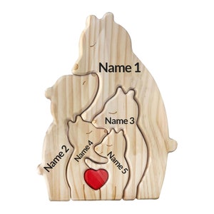 Bären-Familienpuzzle aus Holz, personalisiertes Muttertagsgeschenk, individuelles Bärenpuzzle für alleinerziehende Familien, Tierschnitzereien aus Holz, Familien-Wohndekoration 5 bears