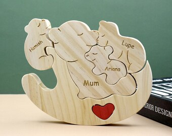 Holzbär-Familienpuzzle, personalisiertes Muttertagsgeschenk, individuelles Schaukelbär-Puzzle, 2-6 Holzbärenfiguren, Kunstpuzzle, Familien-Wohndekoration