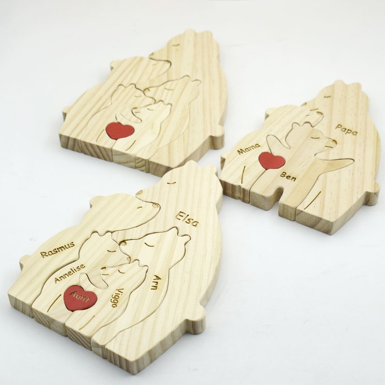 Bären-Familienpuzzle aus Holz, personalisiertes Muttertagsgeschenk, individuelles Bärenpuzzle für alleinerziehende Familien, Tierschnitzereien aus Holz, Familien-Wohndekoration Bild 10